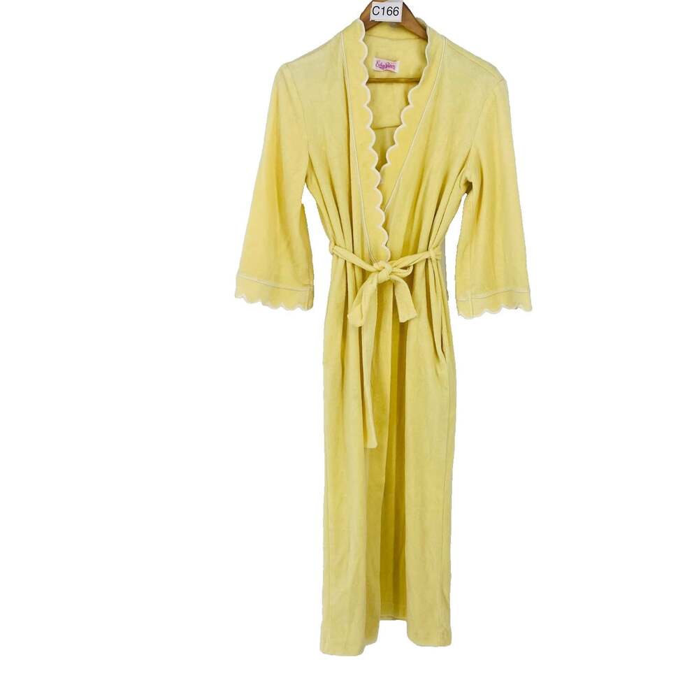 Vintage Evelyn Pearson Butter Yellow Terry Cloth Long Robe Scalloped Belted USA